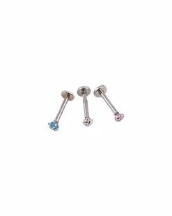 Deals 🌟 Pink Clear & Blue CZ Labret Lip Ring 3 Pack - 16 Gauge 💯