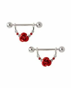 Best Pirce ❤️ CZ and Red Rose Dangle Nipple Rings - 14 Gauge 🛒
