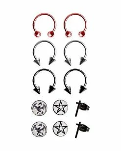 Best deal 🔥 Dragon Pentagram Stud Horseshoe Earring 6 Pack - 18 Gauge 🌟