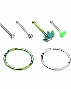 Discount ✔️ Multi-Pack CZ Leaf Nose Pins and Hoop Nose Rings 6 Pack - 20 Gauge 🔥 -Playboy Shop 03425667 c