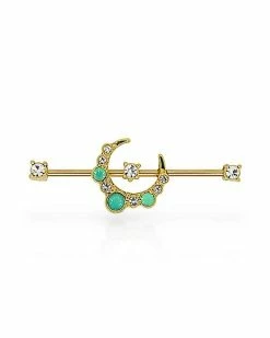 Best deal 😀 Goldtone CZ Moon Industrial Barbell - 14 Gauge ✔️