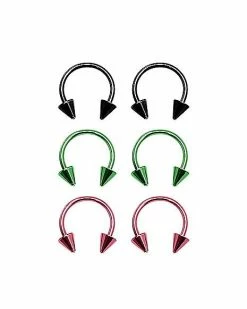 Hot Sale 🔥 Multi-Pack Colored Spiked Horseshoe Rings 3 Pair - 16 Gauge 🛒