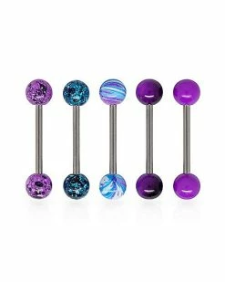 Budget ⌛ Multi-Pack Splatter Purple Barbells 5 Pack - 14 Gauge ⌛