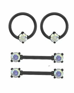 Deals 🥰 Multi-Pack Black CZ Nipple Rings and Nipple Barbells 2 Pair - 14 Gauge 🌟