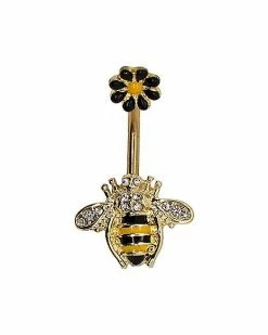 Cheapest 🎉 Goldtone CZ Flower Bumble Bee Belly Ring - 14 Gauge 😉