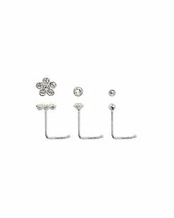 Hot Sale ⌛ Multi-Pack CZ Silvertone Flower L Bend Nose Rings 3 Pack - 22 Gauge 🤩