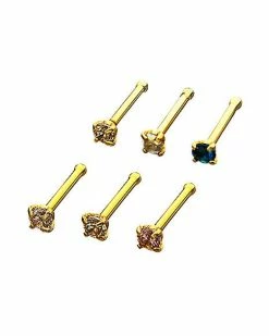 Best deal 🤩 Multi-Pack Goldtone Gem-Effect Bone Nose Rings 6 Pack - 20 Gauge 🌟 -Playboy Shop 03548641 b