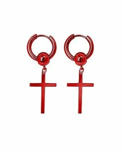 Coupon 😍 Red Cross Huggie Dangle Earrings - 18 Gauge 🔥