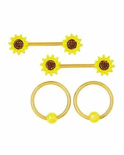 Coupon 🌟 Multi-Pack Sunflower Nipple Barbells and Nipple Rings 2 Pair - 14 Gauge ⌛