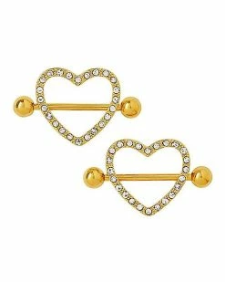 Flash Sale ⭐ Goldtone CZ Heart Nipple Shields - 14 Gauge 🔥