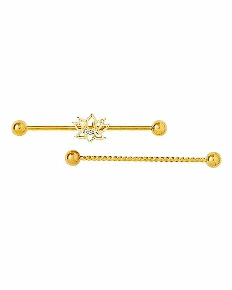 Outlet π Multi-Pack Goldtone Twisted Lotus CZ Industrial Barbells 2 Pack - 14 Gauge π 3 Outlet π Multi-Pack Goldtone Twisted Lotus CZ Industrial Barbells 2 Pack - 14 Gauge π