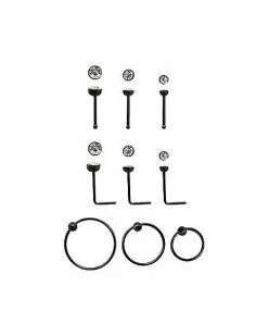 Wholesale 🤩 Multi-Pack Black CZ Nose Rings 9 Pack - 22 Gauge 😀