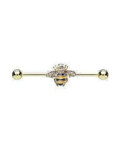 Cheapest 🔔 Goldtone CZ Bee Industrial Barbell - 14 Gauge 🔥