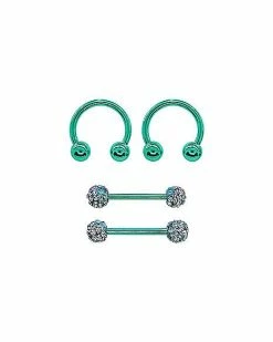 Best Sale 🎉 Multi-Pack Aqua Pave Nipple Barbells and Horseshoe Rings 2 Pair - 14 Gauge 🧨