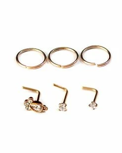 Cheapest ✔️ Multi-Pack CZ Rose Goldtone L Bend and Hoop Nose Rings 6 Pack - 20 Gauge 💯