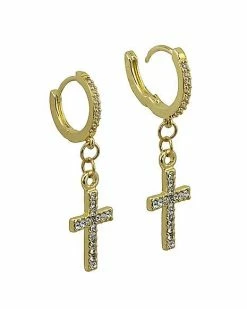 Flash Sale 😀 CZ Goldtone Cross Dangle Huggie Hoop Earrings - 18 Gauge 👍 -Playboy Shop 03650777 b
