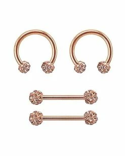 Deals 🎉 Multi-Pack Rose Goldtone Pave Nipple Barbells and Horseshoe Rings 2 Pair - 14 Gauge ✔️