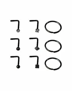 Hot Sale 👍 Multi-Pack Black Gem-Effect L Bend and Hoop Nose Rings 9 Pack - 20 Gauge ✨