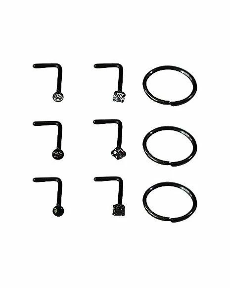 Hot Sale π Multi-Pack Black Gem-Effect L Bend and Hoop Nose Rings 9 Pack - 20 Gauge β¨ 3 Hot Sale π Multi-Pack Black Gem-Effect L Bend and Hoop Nose Rings 9 Pack - 20 Gauge β¨