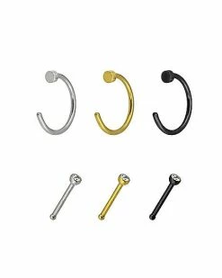 Flash Sale 👍 Multi-Pack CZ Goldtone Silertone Black Hoop Nose Rings and Bone Nose Rings 6 Pack - 20 Gauge 🔥 -Playboy Shop 03661477 b
