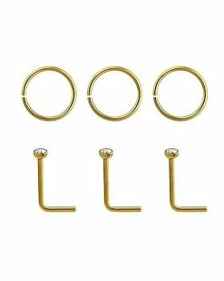 Buy 🎁 Multi-Pack CZ Goldtone L Bend and Hoop Nose Rings 6 Pack - 20 Gauge 👍