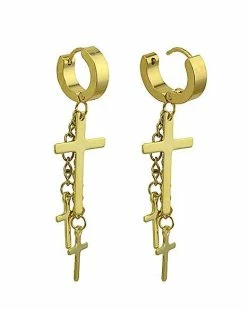 Hot Sale 😍 Goldtone Chain Crosses Dangle Huggie Hoop Earrings - 18 Gauge ✔️ -Playboy Shop 03661741 b