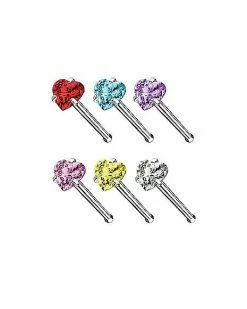 Outlet ✔️ Multi-Pack CZ Heart Top Bone Nose Rings 6 Pack - 20 Gauge 🎉