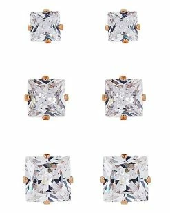 Wholesale 👏 Multi-Pack Rose Goldtone CZ Square Stud Earrings 3 Pack – 20 Gauge 🌟