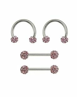 Outlet 😀 Multi-Pack CZ Pink Nipple Barbells and Horseshoe Rings 2 Pair - 14 Gauge 🛒