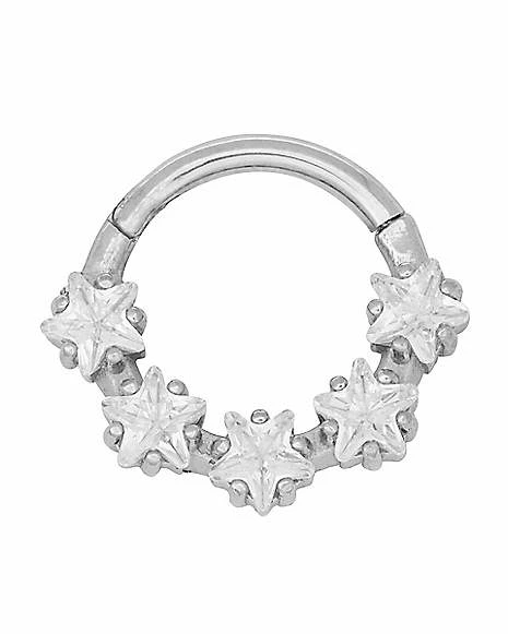 Discount 🔥 CZ Five Star Hinged Hoop Nose Ring - 16 Gauge ⌛ 3 Discount 🔥 CZ Five Star Hinged Hoop Nose Ring - 16 Gauge ⌛