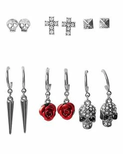 Wholesale ❤️ Multi-Pack Skull and Rose Hoop and Stud Earrings – 6 Pair ⌛