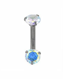 Brand new 😉 Silvertone Aurora Borealis Effect Double Gem Belly Ring - 14 Gauge 🎉