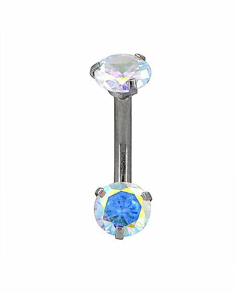 Brand new π Silvertone Aurora Borealis Effect Double Gem Belly Ring - 14 Gauge π 3 Brand new π Silvertone Aurora Borealis Effect Double Gem Belly Ring - 14 Gauge π