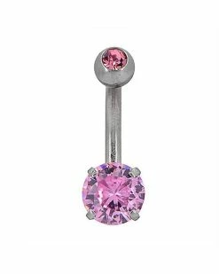Cheap 😍 Silvertone CZ Pink Double Gem Effect Belly Ring - 14 Gauge 🥰