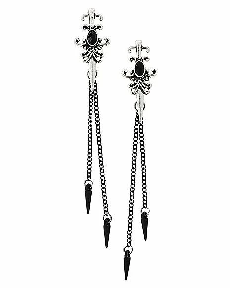 Wholesale 🌟 Black Sword and Spike Chain Dangle Earrings ❤️ 3 Wholesale 🌟 Black Sword and Spike Chain Dangle Earrings ❤️