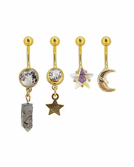 Brand new β€οΈ Multi-Pack CZ Moon and Stars Belly Rings 4 Pack - 14 Gauge π₯ 3 Brand new β€οΈ Multi-Pack CZ Moon and Stars Belly Rings 4 Pack - 14 Gauge π₯