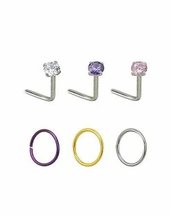Deals 👏 Multi-Pack CZ L Bend and Hoop Nose Rings 6 Pack - 20 Gauge 💯