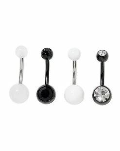 Wholesale 🎉 Multi-Pack Black and White CZ Glow in The Dark Barbell Belly Rings 4 Pack – 14 Gauge 🔥