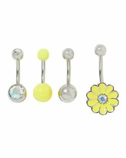Cheap ⌛ Multi-Pack CZ Flower Belly Rings 4 Pack – 14 Gauge ⌛