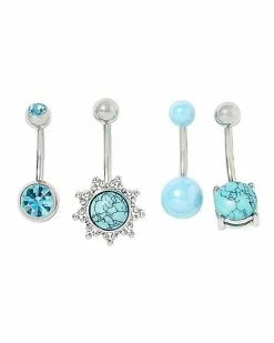 Discount 🧨 Multi-Pack Turquoise-effect CZ Curved Belly Ring 4 Pack – 14 Gauge 🎁