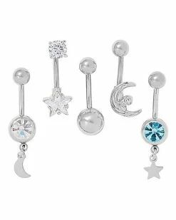 Best Pirce ✨ Multi Pack CZ Celestial Dangle Belly Rings 5 Pack - 14 Gauge ⌛