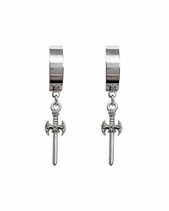 Budget 🛒 Sword Huggie Dangle Earrings – 18 Gauge 👍
