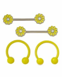 Best deal 💯 Multi-Pack Glow in the Dark Yellow Flower Nipple Barbells and Horseshoe Rings 4 Pack - 14 Gauge 🥰