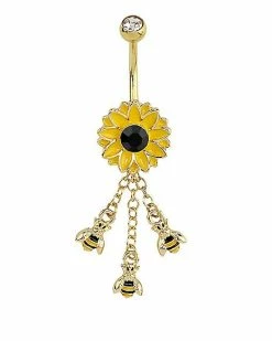 Buy 👏 CZ Goldtone Flower Bee Dangle Belly Ring - 14 Gauge 🎉