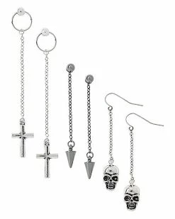 Wholesale ❤️ Multi-Pack Skull Spike and Cross Dangle Earrings - 3 Pair 🎁