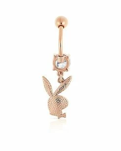 Budget ⌛ Rose Goldtone Clear CZ Playboy Bunny Dangle Belly Ring - 14 Gauge 🎉 -Playboy Shop 03722584 b