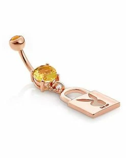 Best Pirce 🛒 Rose Goldtone Yellow CZ Playboy Bunny Lock Dangle Belly Ring - 14 Gauge 👍 -Playboy Shop 03722600 c