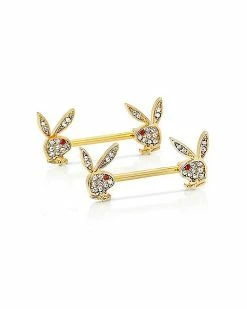 Outlet 🧨 Goldtone Clear CZ Playboy Bunny Nipple Barbells ✔️