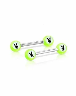 Promo 👍 Green Glow In The Dark Playboy Bunny Nipple Barbells - 14 Gauge ⌛