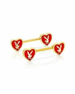 Cheap 👏 Goldtone Red Heart Playboy Bunny Nipple Barbells - 14 Gauge 😀